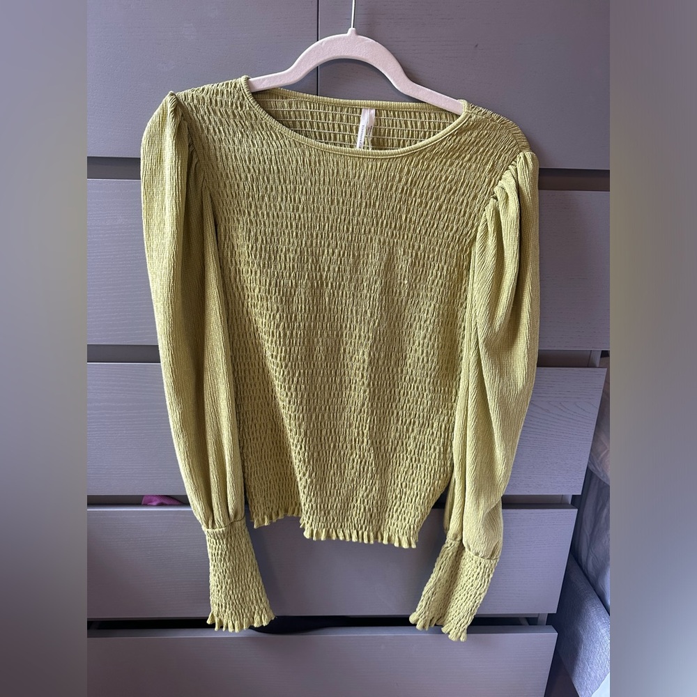 Anthropologie Shirt Women Medium Green Puff Sleeve Smocked Blouse Top Boho